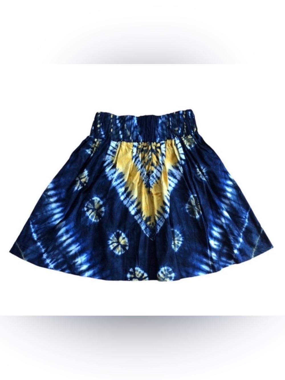African Skirt Size 14W Indigo Yellow Tie Dyed Cotton Elastic Gathered High Waist
